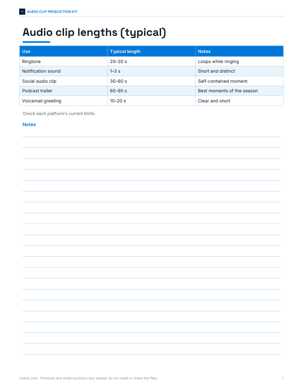 Preview of Printable Audio Clip Length Guide